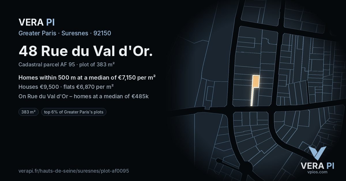48 Rue du Val d'Or, Suresnes at night – the plot lit, the parcels around coloured by the prices near them