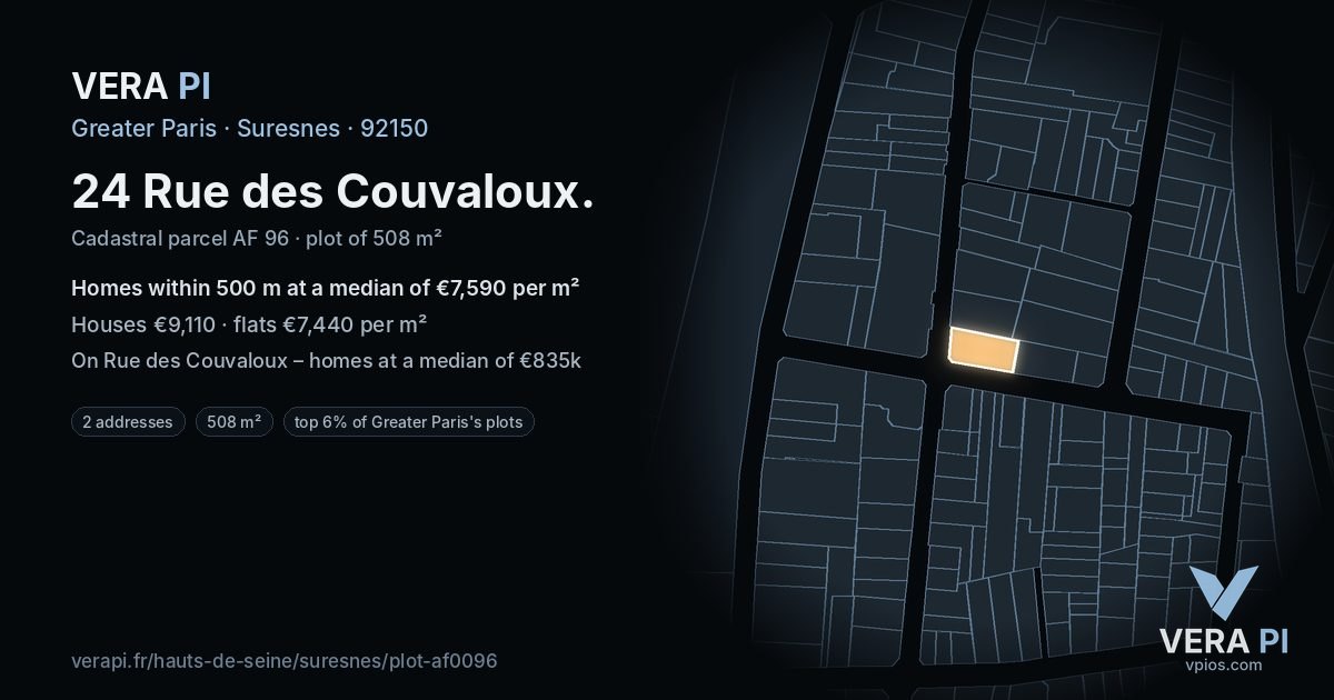 24 Rue des Couvaloux, Suresnes at night – the plot lit, the parcels around coloured by the prices near them