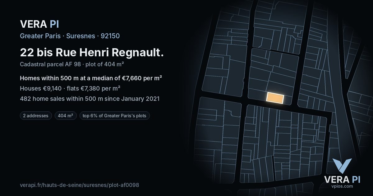 22 bis Rue Henri Regnault, Suresnes at night – the plot lit, the parcels around coloured by the prices near them