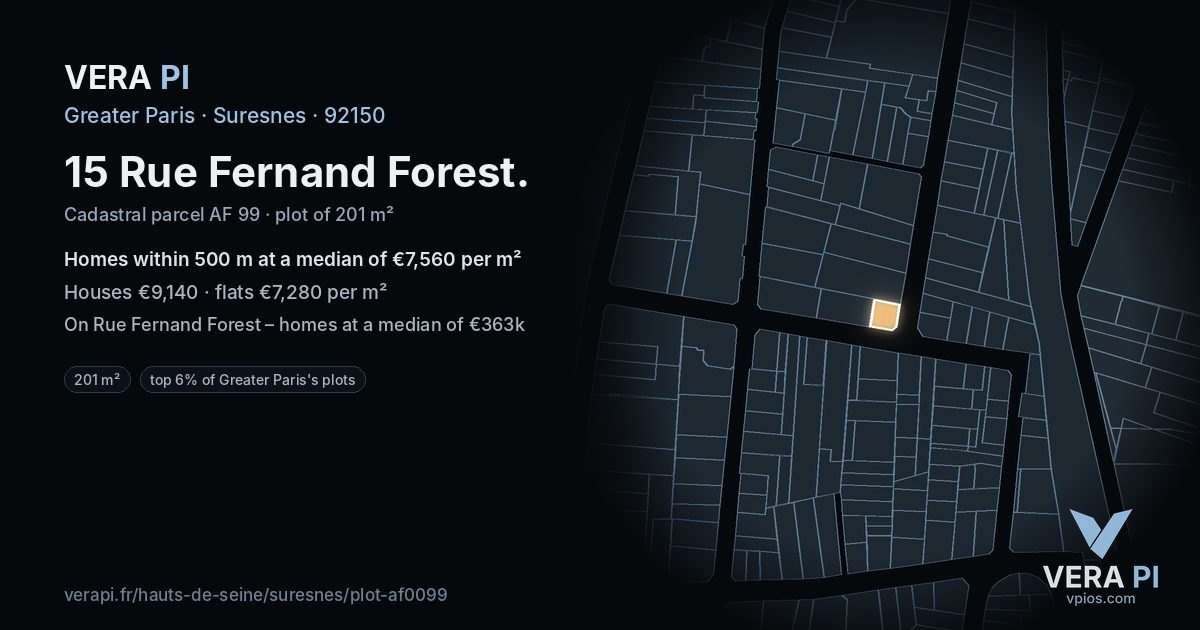 15 Rue Fernand Forest, Suresnes at night – the plot lit, the parcels around coloured by the prices near them