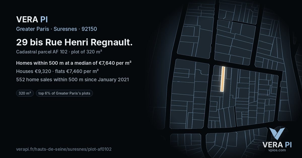 29 bis Rue Henri Regnault, Suresnes at night – the plot lit, the parcels around coloured by the prices near them
