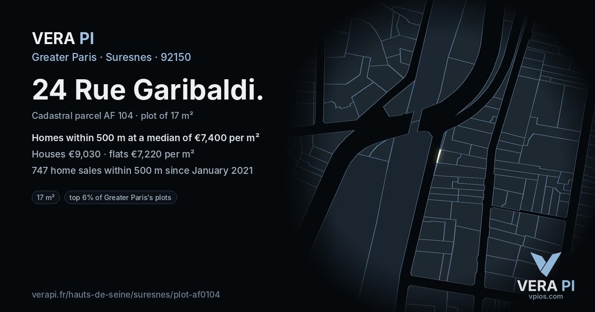 24 Rue Garibaldi, Suresnes at night – the plot lit, the parcels around coloured by the prices near them