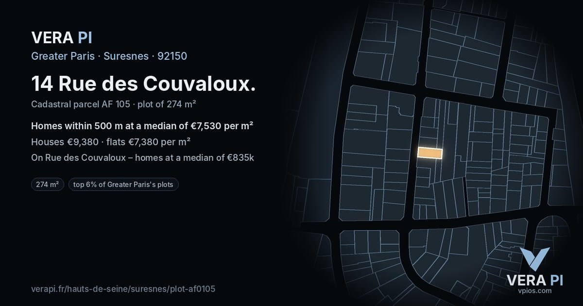 14 Rue des Couvaloux, Suresnes at night – the plot lit, the parcels around coloured by the prices near them
