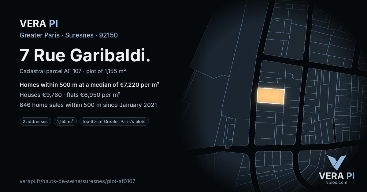 7 Rue Garibaldi, Suresnes at night – the plot lit, the parcels around coloured by the prices near them