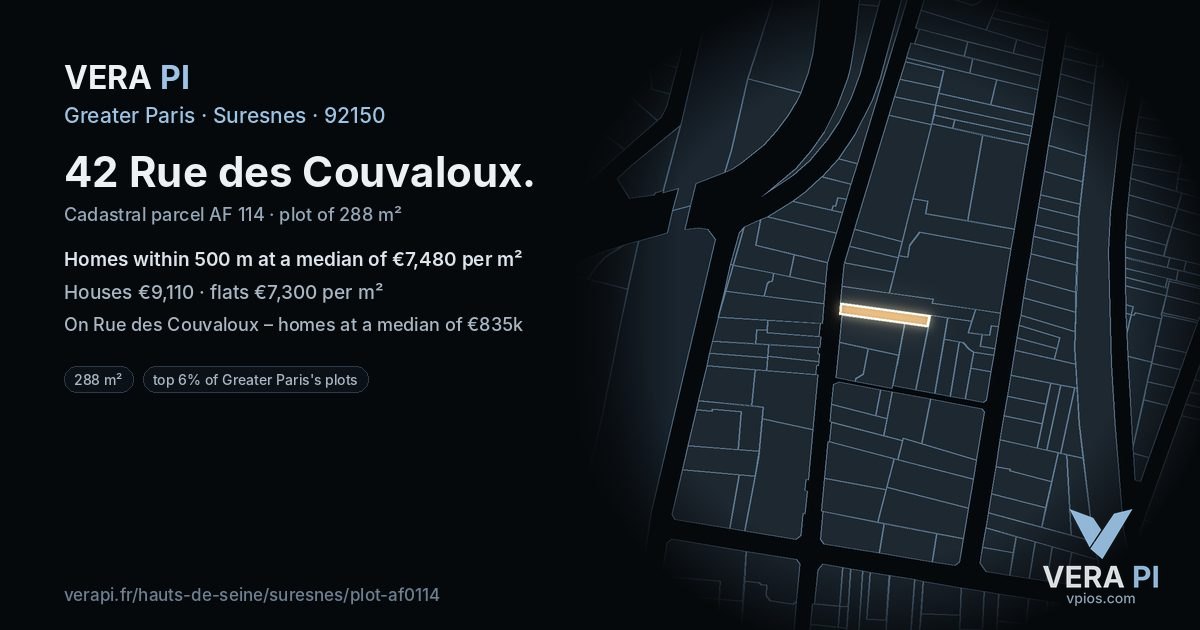 42 Rue des Couvaloux, Suresnes at night – the plot lit, the parcels around coloured by the prices near them