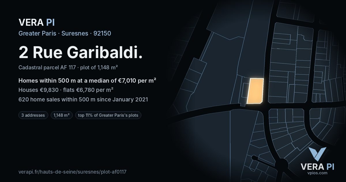 2 Rue Garibaldi, Suresnes at night – the plot lit, the parcels around coloured by the prices near them