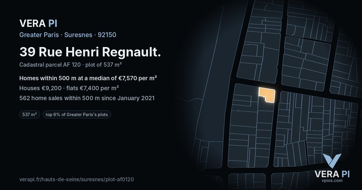 39 Rue Henri Regnault, Suresnes at night – the plot lit, the parcels around coloured by the prices near them