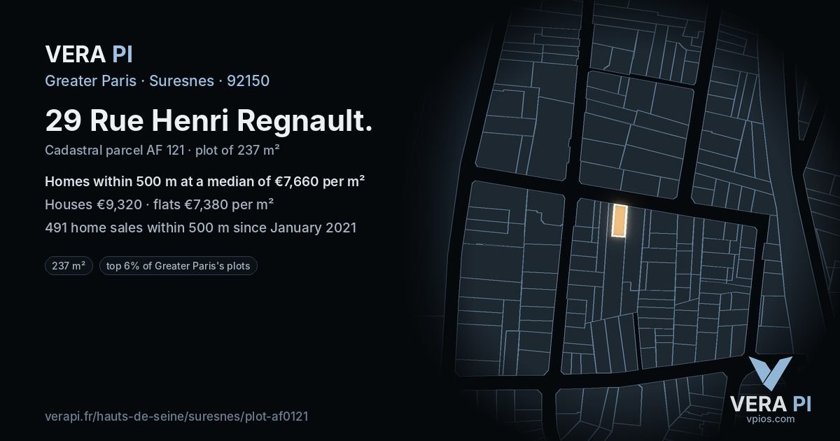 29 Rue Henri Regnault, Suresnes at night – the plot lit, the parcels around coloured by the prices near them