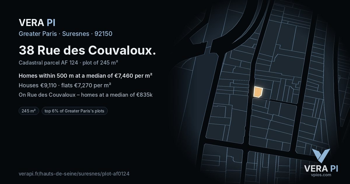 38 Rue des Couvaloux, Suresnes at night – the plot lit, the parcels around coloured by the prices near them