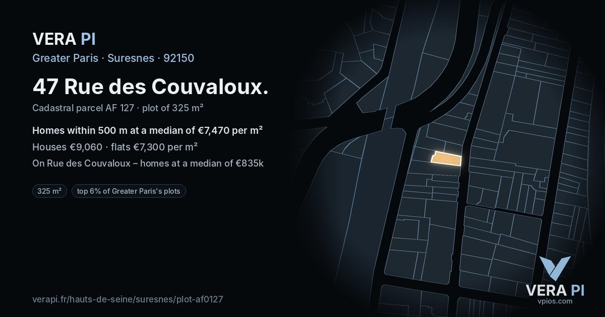 47 Rue des Couvaloux, Suresnes at night – the plot lit, the parcels around coloured by the prices near them