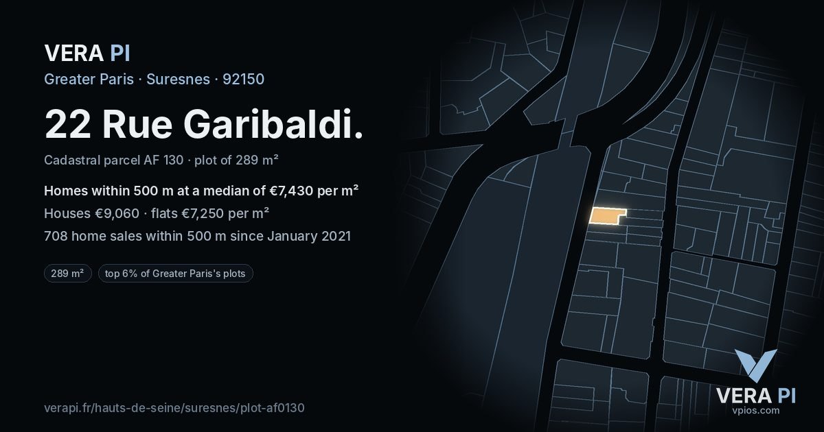 22 Rue Garibaldi, Suresnes at night – the plot lit, the parcels around coloured by the prices near them