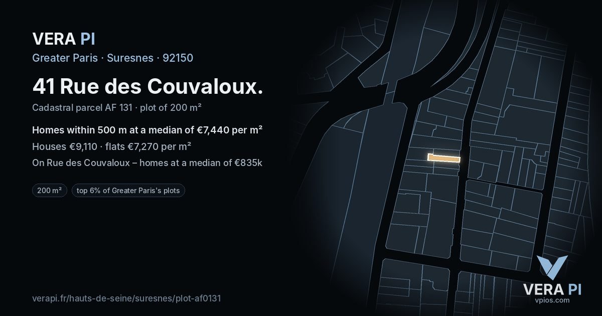 41 Rue des Couvaloux, Suresnes at night – the plot lit, the parcels around coloured by the prices near them