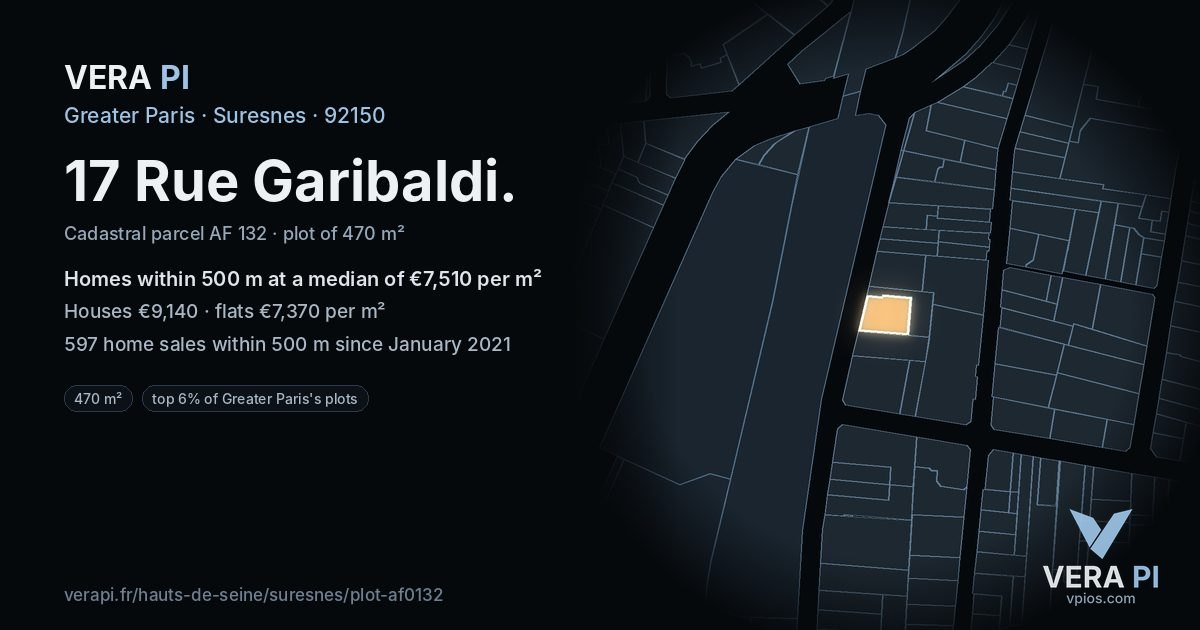 17 Rue Garibaldi, Suresnes at night – the plot lit, the parcels around coloured by the prices near them