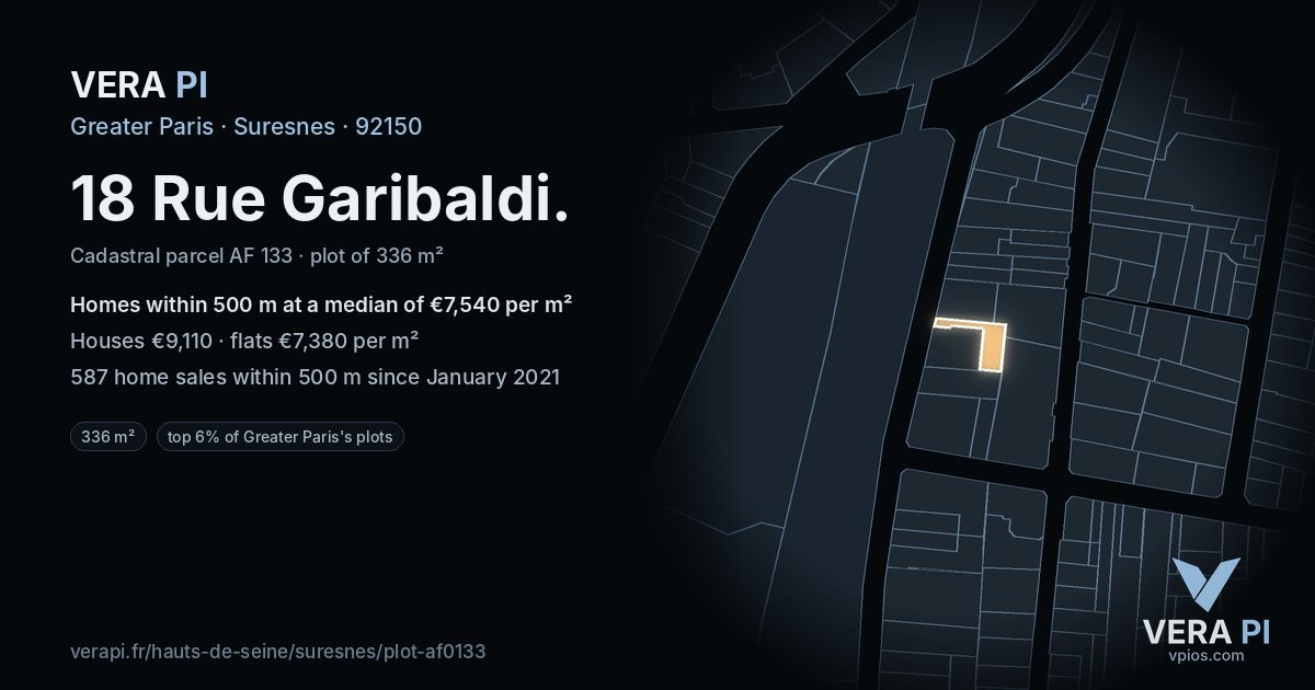 18 Rue Garibaldi, Suresnes at night – the plot lit, the parcels around coloured by the prices near them
