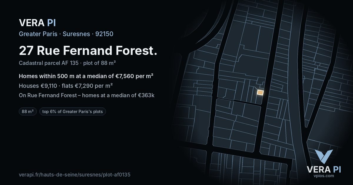 27 Rue Fernand Forest, Suresnes at night – the plot lit, the parcels around coloured by the prices near them