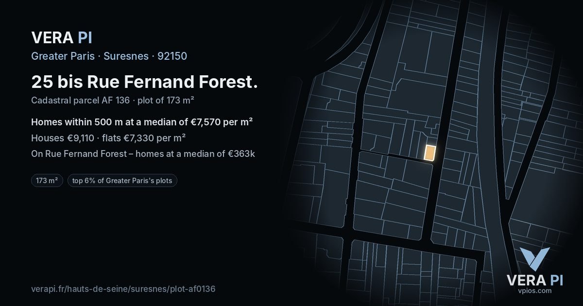 25 bis Rue Fernand Forest, Suresnes at night – the plot lit, the parcels around coloured by the prices near them