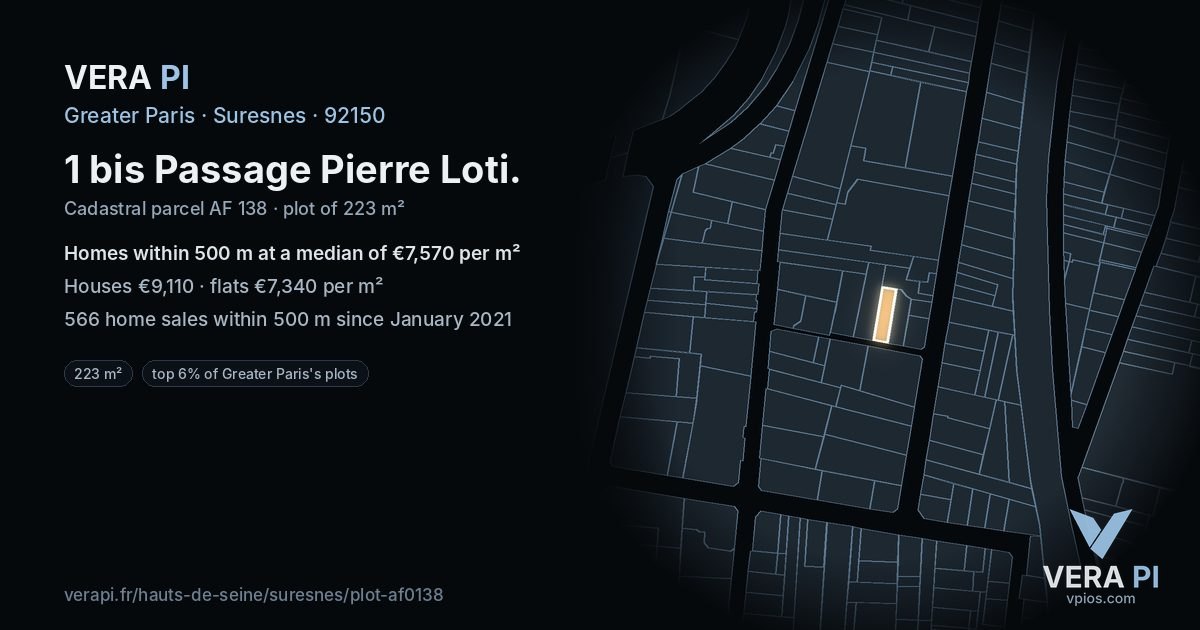 1 bis Passage Pierre Loti, Suresnes at night – the plot lit, the parcels around coloured by the prices near them