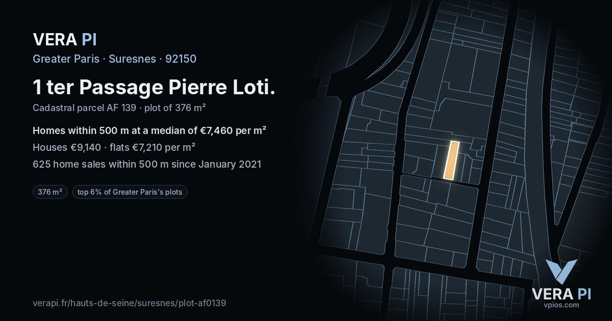 1 ter Passage Pierre Loti, Suresnes at night – the plot lit, the parcels around coloured by the prices near them