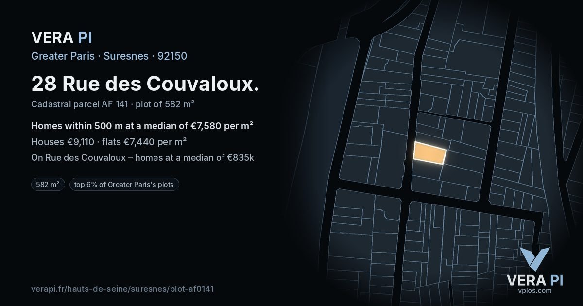 28 Rue des Couvaloux, Suresnes at night – the plot lit, the parcels around coloured by the prices near them