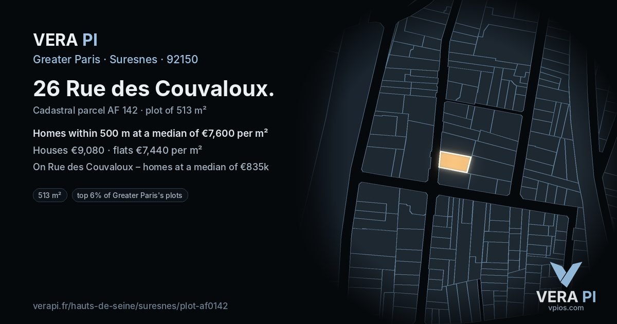 26 Rue des Couvaloux, Suresnes at night – the plot lit, the parcels around coloured by the prices near them