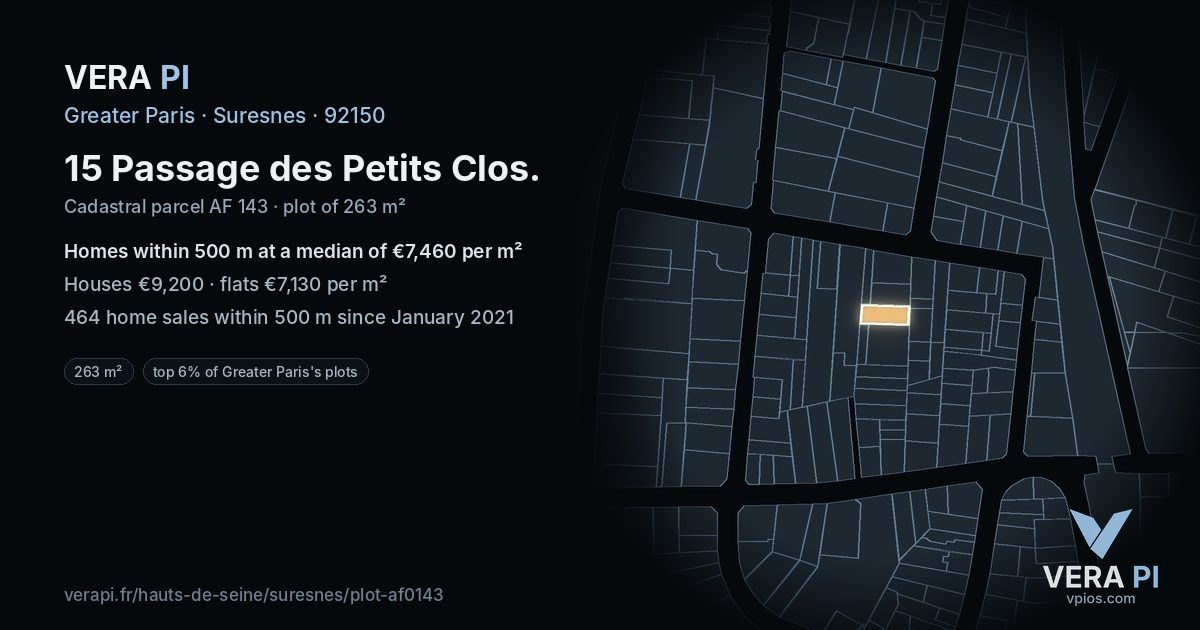 15 Passage des Petits Clos, Suresnes at night – the plot lit, the parcels around coloured by the prices near them