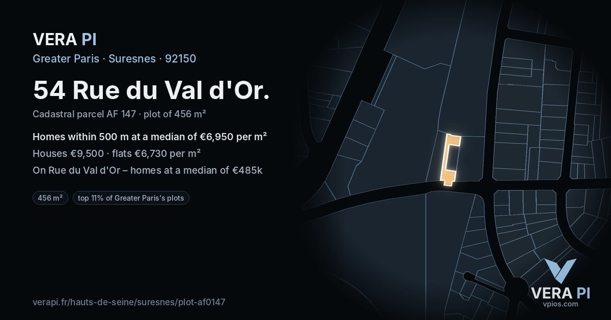 54 Rue du Val d'Or, Suresnes at night – the plot lit, the parcels around coloured by the prices near them