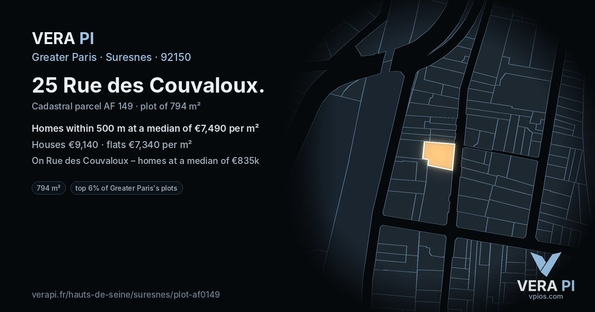 25 Rue des Couvaloux, Suresnes at night – the plot lit, the parcels around coloured by the prices near them