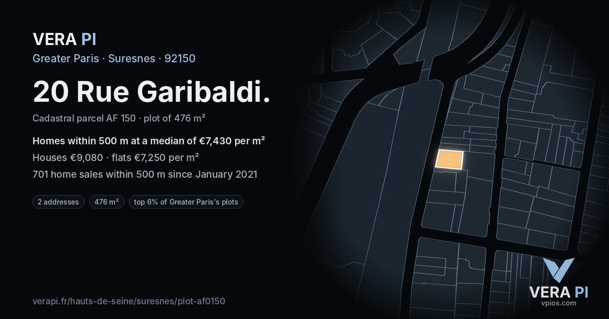 20 Rue Garibaldi, Suresnes at night – the plot lit, the parcels around coloured by the prices near them