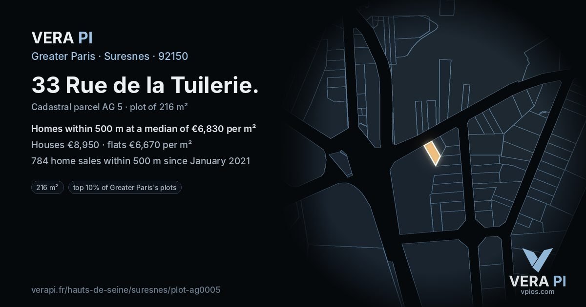 33 Rue de la Tuilerie, Suresnes at night – the plot lit, the parcels around coloured by the prices near them