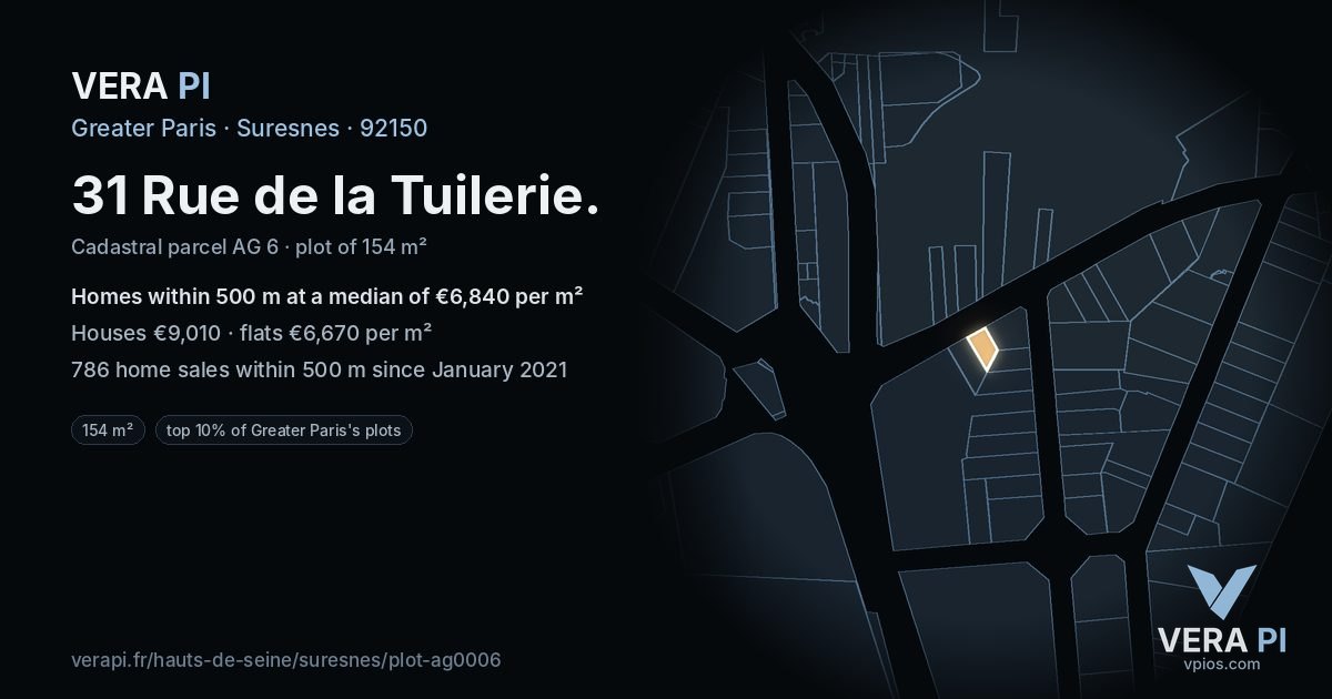 31 Rue de la Tuilerie, Suresnes at night – the plot lit, the parcels around coloured by the prices near them