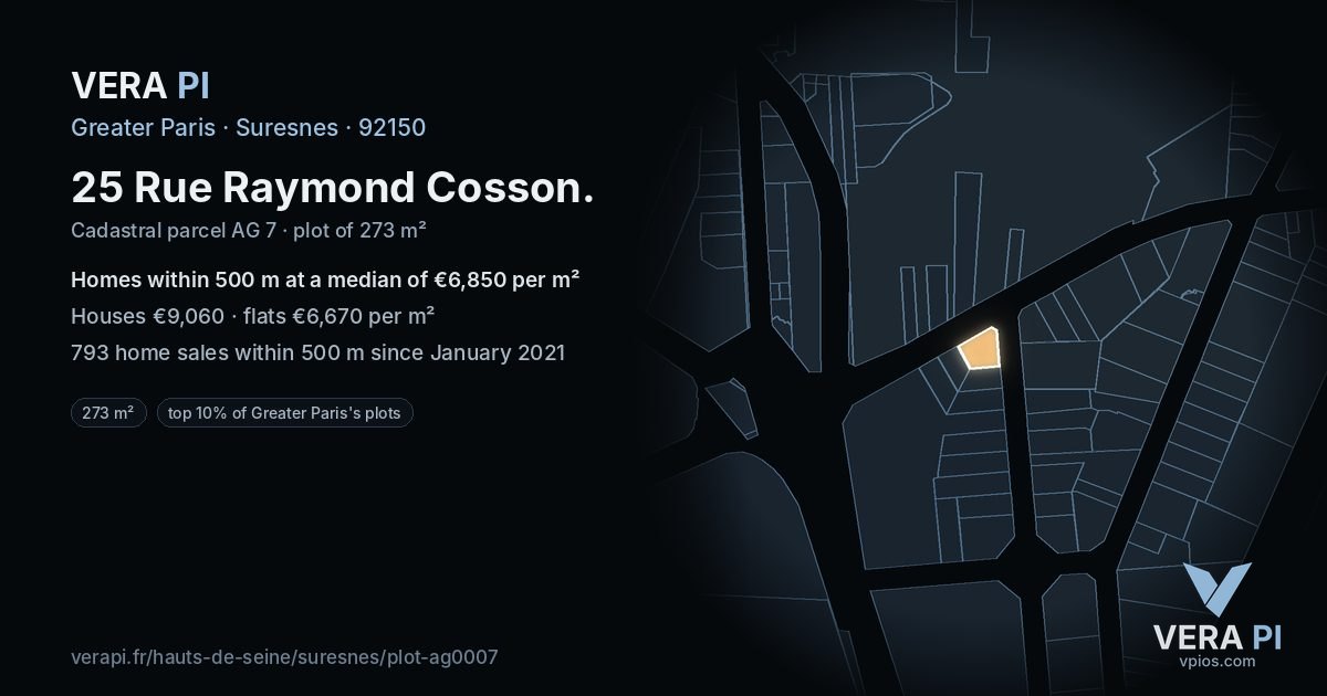 25 Rue Raymond Cosson, Suresnes at night – the plot lit, the parcels around coloured by the prices near them