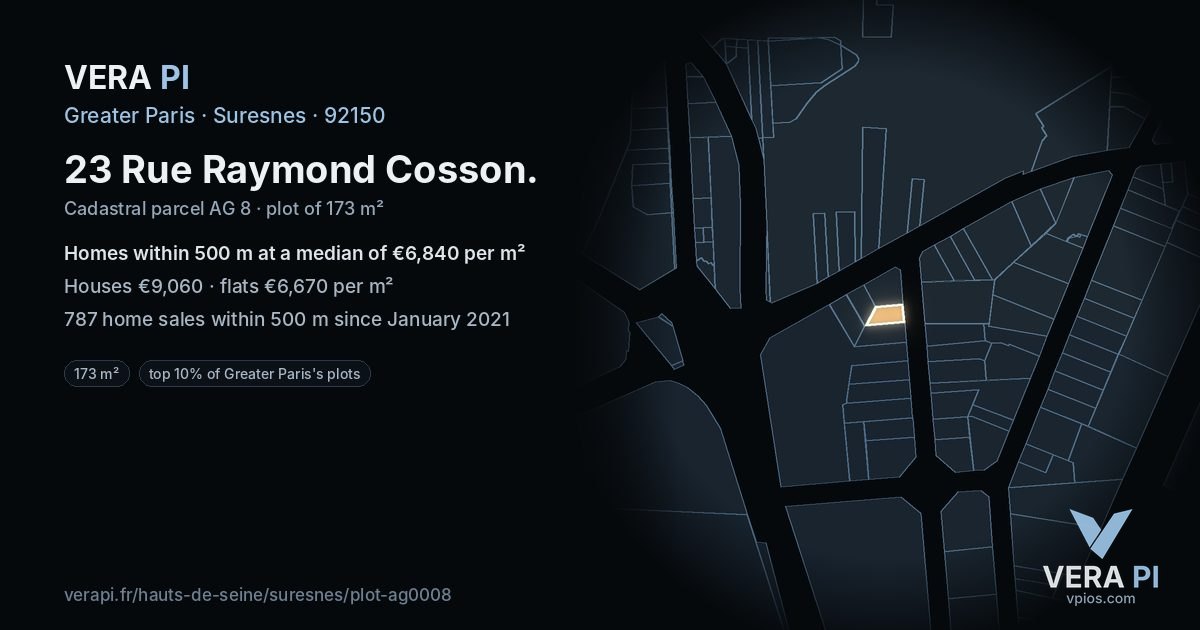 23 Rue Raymond Cosson, Suresnes at night – the plot lit, the parcels around coloured by the prices near them