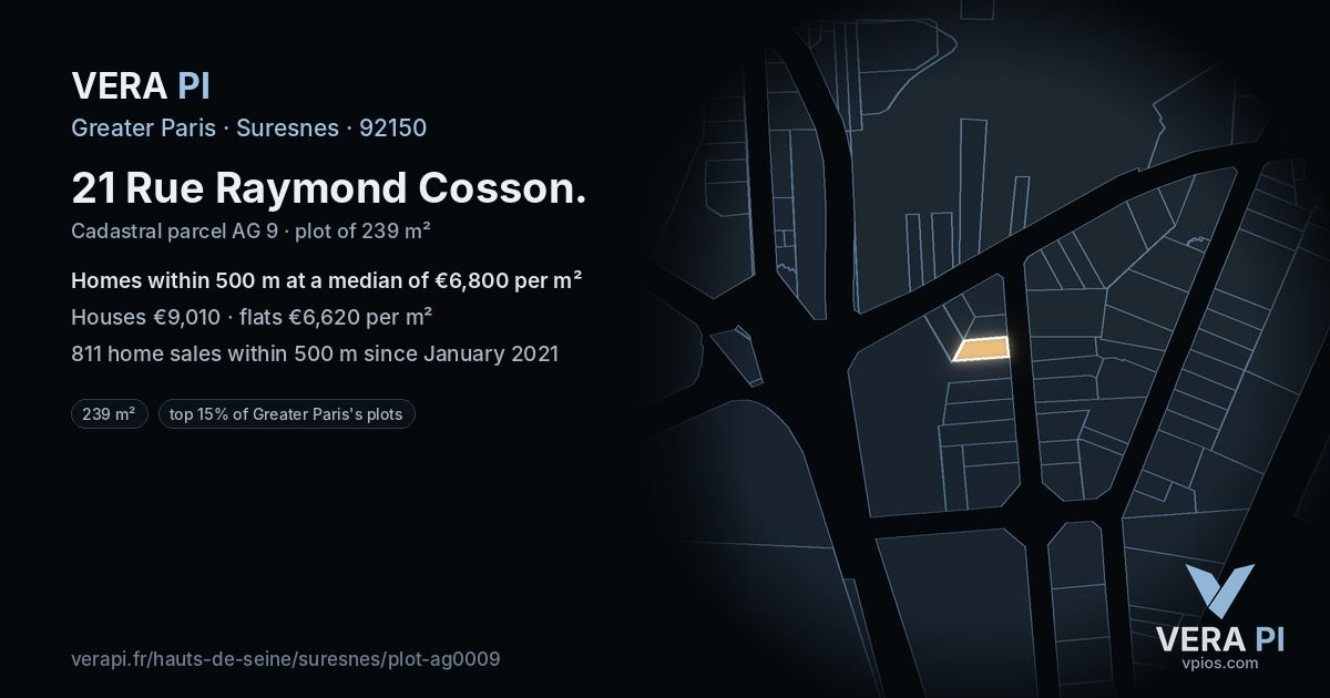 21 Rue Raymond Cosson, Suresnes at night – the plot lit, the parcels around coloured by the prices near them