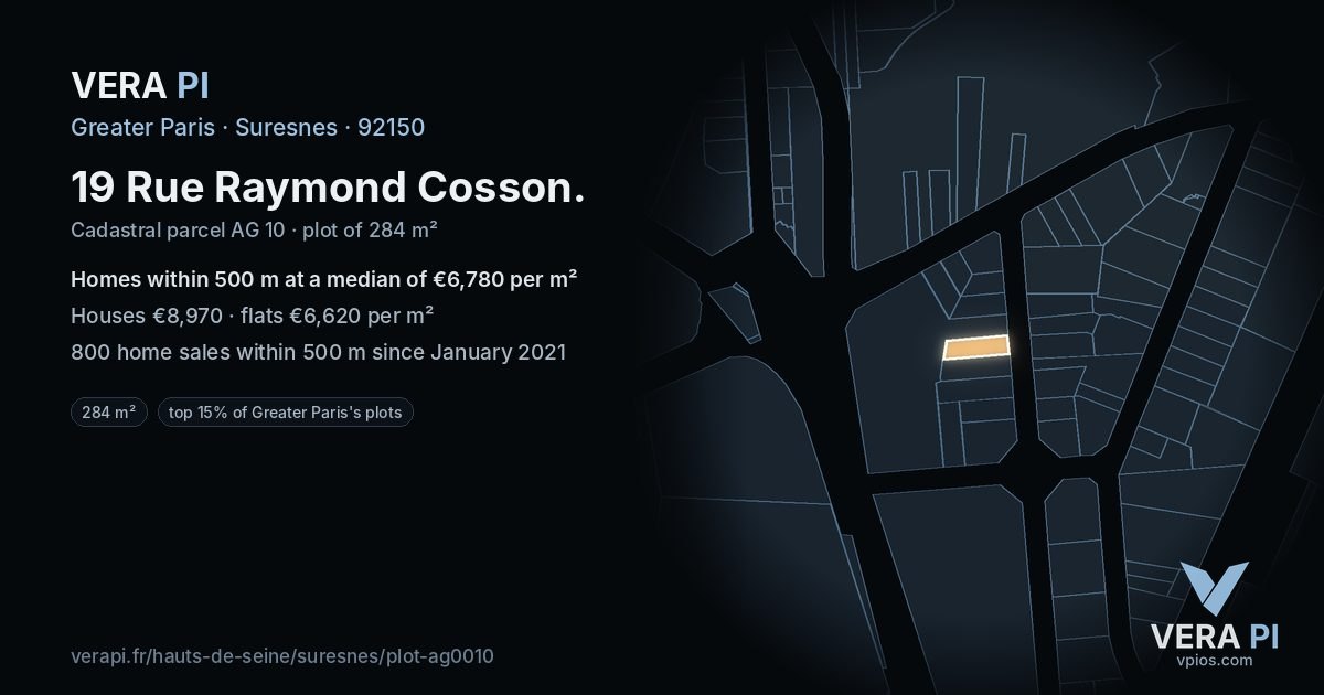 19 Rue Raymond Cosson, Suresnes at night – the plot lit, the parcels around coloured by the prices near them