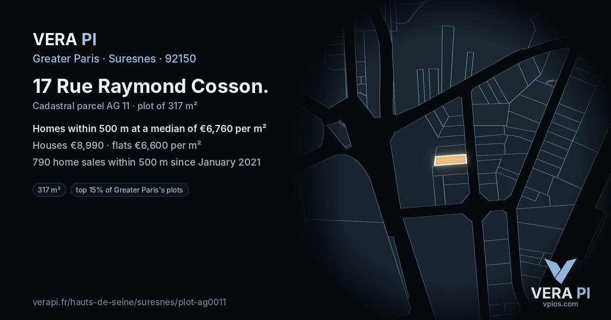 17 Rue Raymond Cosson, Suresnes at night – the plot lit, the parcels around coloured by the prices near them