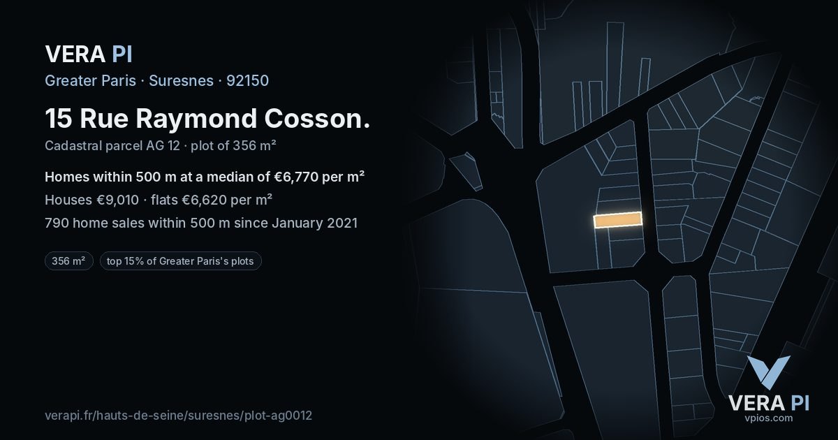 15 Rue Raymond Cosson, Suresnes at night – the plot lit, the parcels around coloured by the prices near them