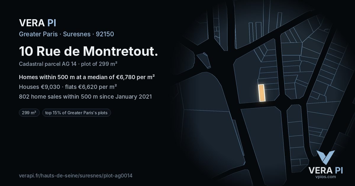 10 Rue de Montretout, Suresnes at night – the plot lit, the parcels around coloured by the prices near them