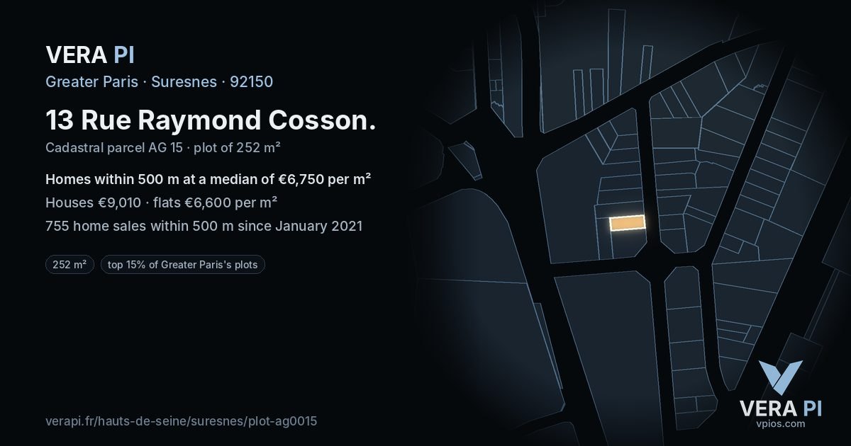 13 Rue Raymond Cosson, Suresnes at night – the plot lit, the parcels around coloured by the prices near them