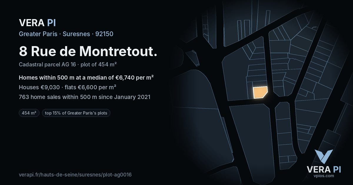 8 Rue de Montretout, Suresnes at night – the plot lit, the parcels around coloured by the prices near them