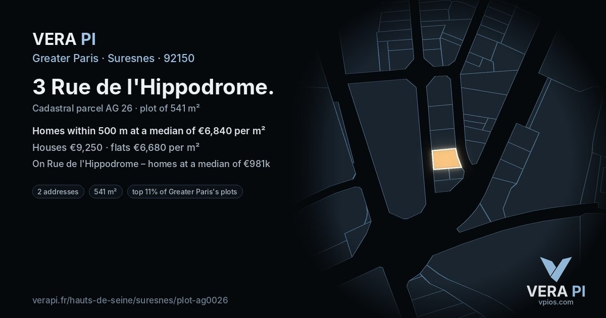 3 Rue de l'Hippodrome, Suresnes at night – the plot lit, the parcels around coloured by the prices near them