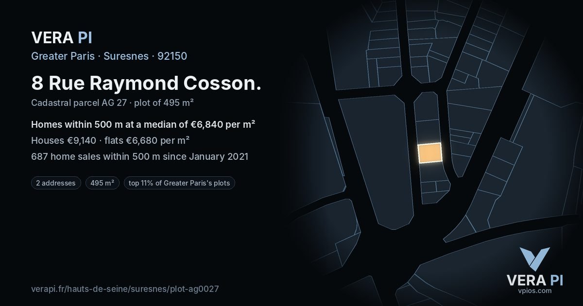 8 Rue Raymond Cosson, Suresnes at night – the plot lit, the parcels around coloured by the prices near them
