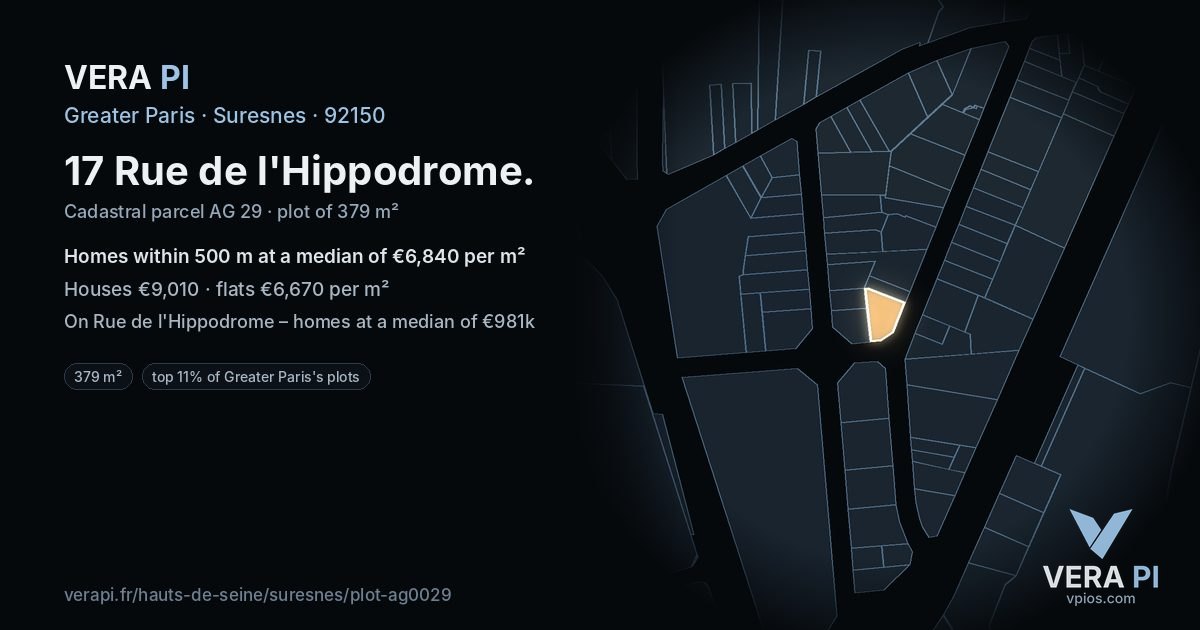 17 Rue de l'Hippodrome, Suresnes at night – the plot lit, the parcels around coloured by the prices near them