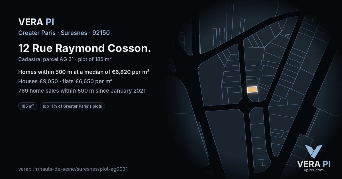 12 Rue Raymond Cosson, Suresnes at night – the plot lit, the parcels around coloured by the prices near them