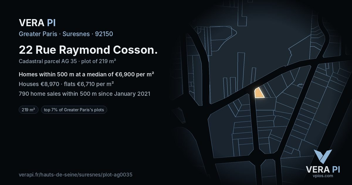 22 Rue Raymond Cosson, Suresnes at night – the plot lit, the parcels around coloured by the prices near them