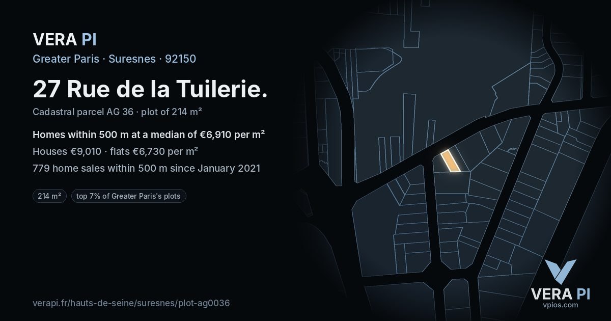 27 Rue de la Tuilerie, Suresnes at night – the plot lit, the parcels around coloured by the prices near them