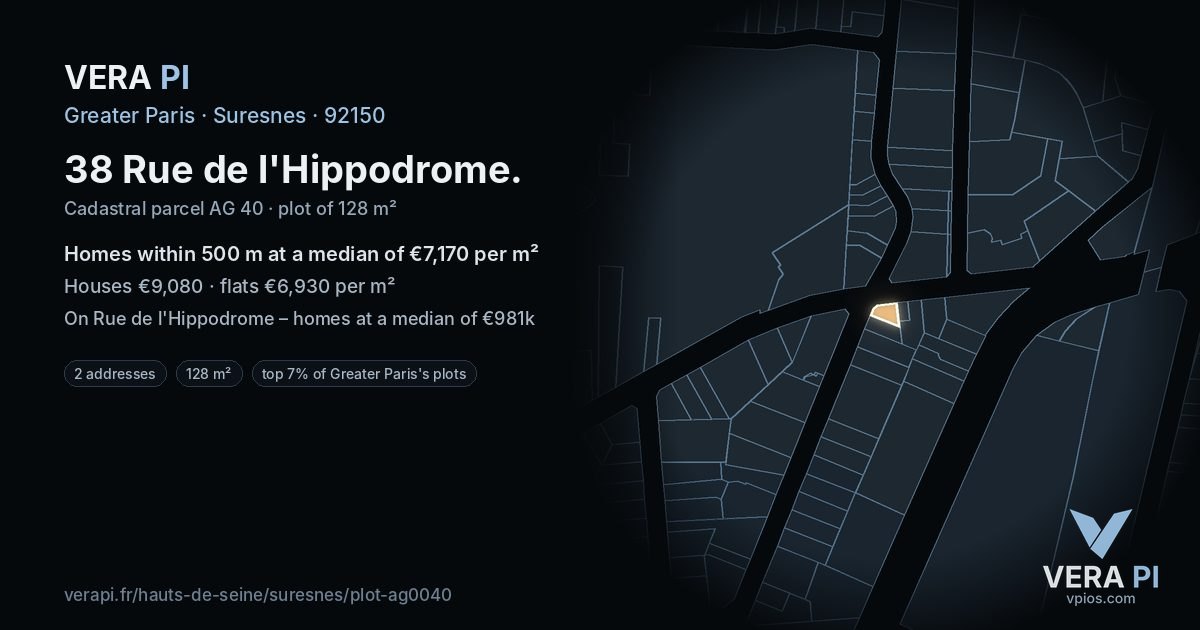 38 Rue de l'Hippodrome, Suresnes at night – the plot lit, the parcels around coloured by the prices near them