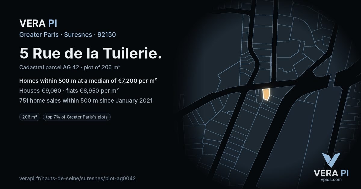 5 Rue de la Tuilerie, Suresnes at night – the plot lit, the parcels around coloured by the prices near them