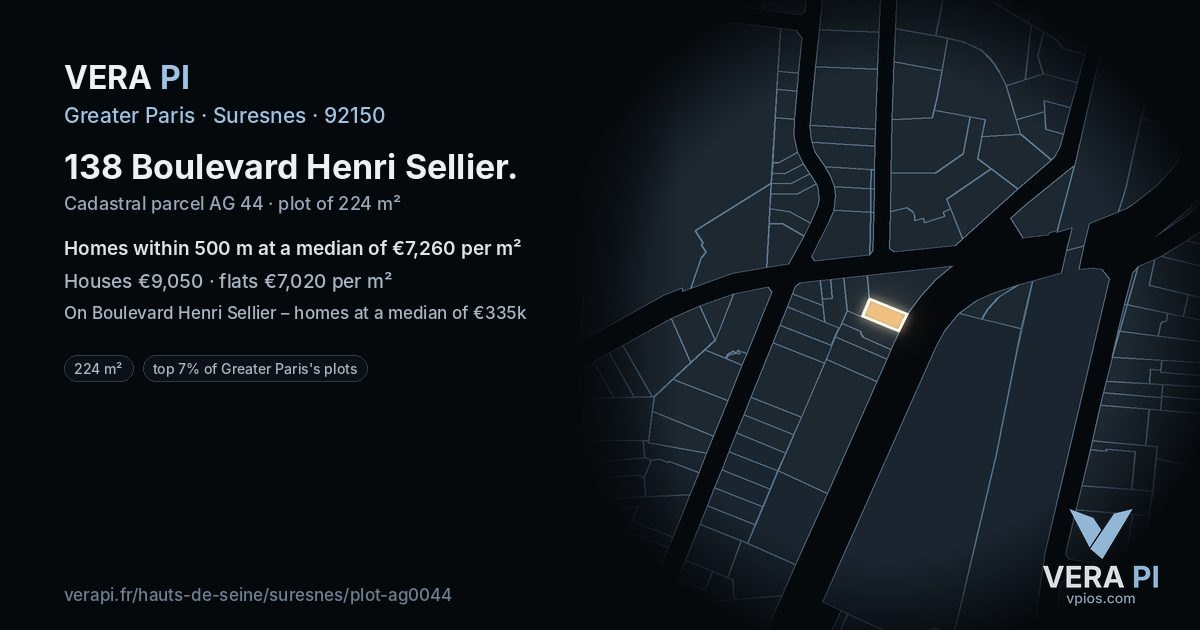 138 Boulevard Henri Sellier, Suresnes at night – the plot lit, the parcels around coloured by the prices near them