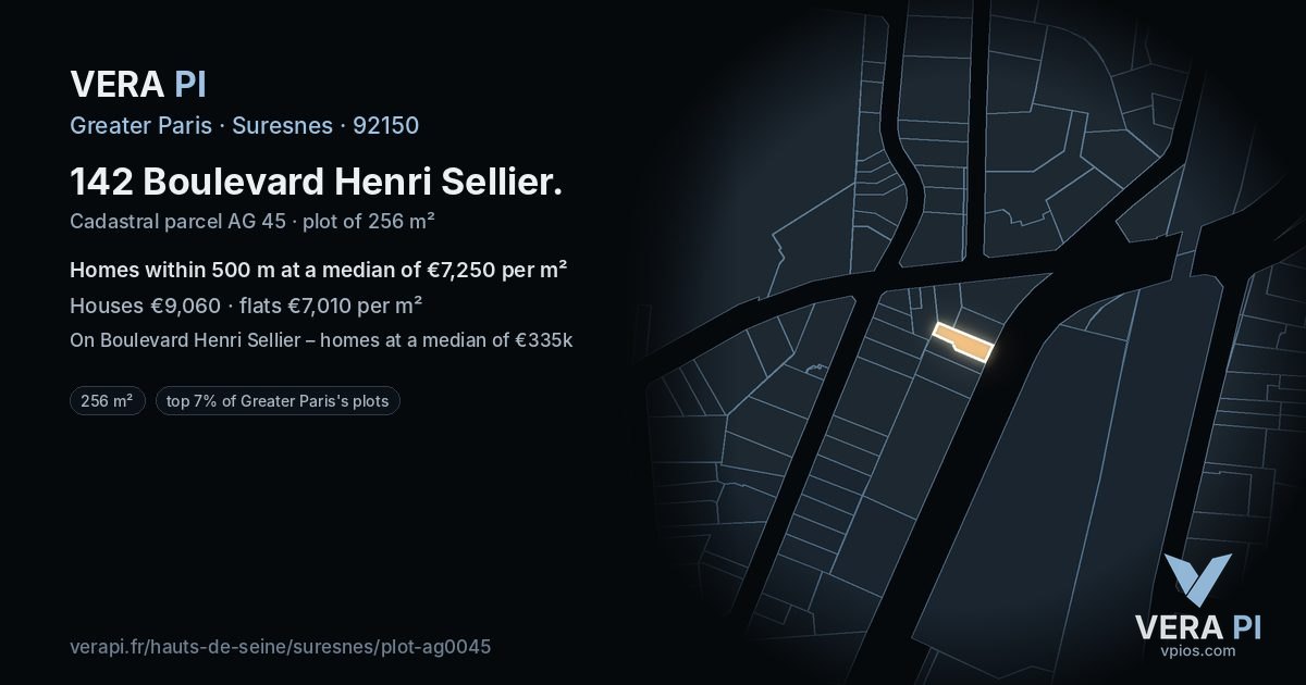 142 Boulevard Henri Sellier, Suresnes at night – the plot lit, the parcels around coloured by the prices near them