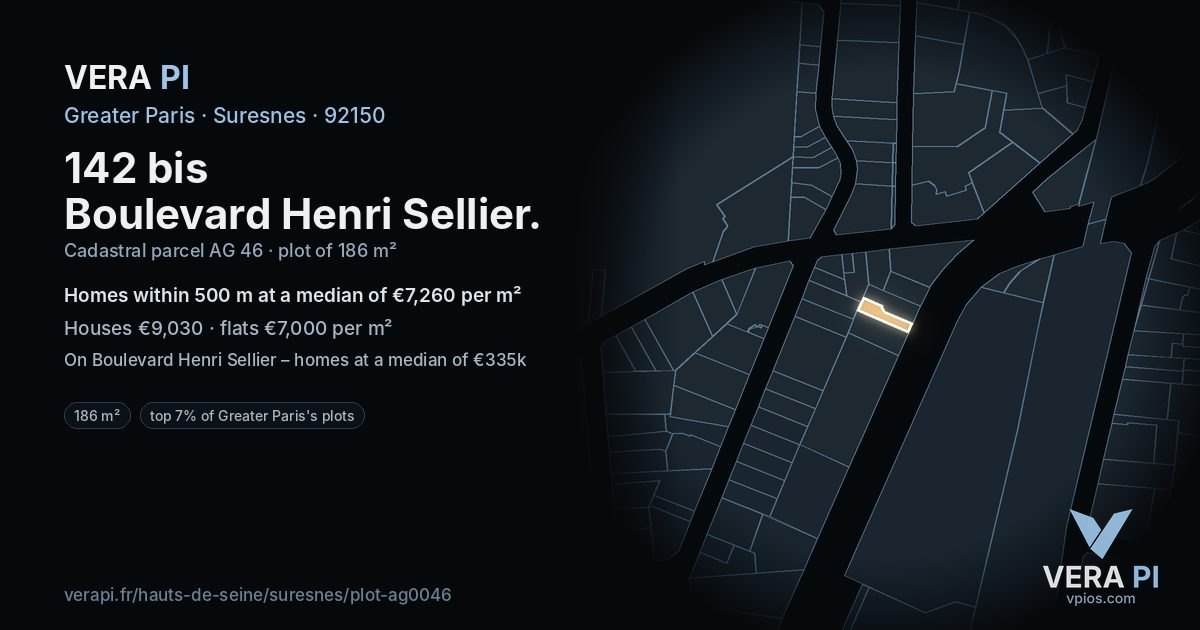 142 bis Boulevard Henri Sellier, Suresnes at night – the plot lit, the parcels around coloured by the prices near them